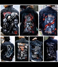Jaket Jeans Pria Keren Panjang Distro Cowok Hitam Motif Printing Denim Slimfit Casual Jepang Sablon