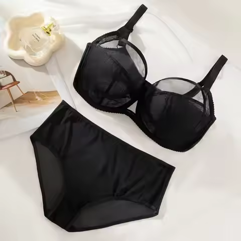 Underwire Women Lace Bra Set Unlined Supportive Plus Size Lingerie with Panties 34-42 DD-G Cup Sheer