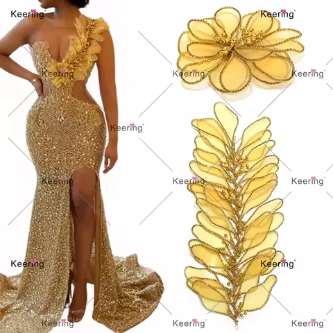 2PCS 3D Wire Flower Rhinestone Applique Petal Artificial Blooming Plant Garden Theme for Wedding Dec