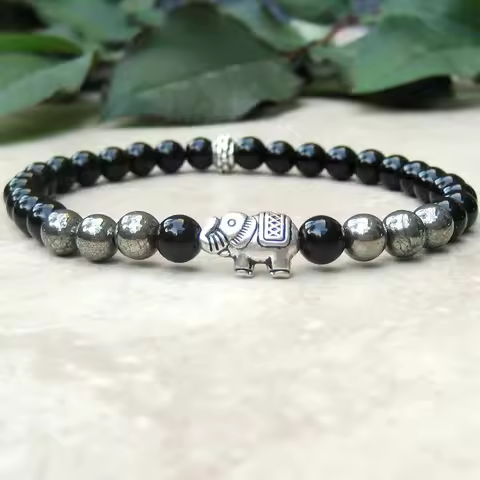 MG0716 6 mm Black Onyx Pyrite Gemstone Bracelet Elephant Bead Mala Healing Bracelet Womens Tibetan G