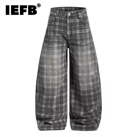 IEFB American High Street Distressed Plaid Men's Jeans Versatile Full Length Causal Wide-leg Pants 2