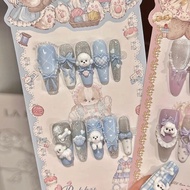 Handmade Nailbox [V60] 3D Plush Puppy with Embossed Bow Cat's Eye Pastel Silver | Press On Nails Kaw