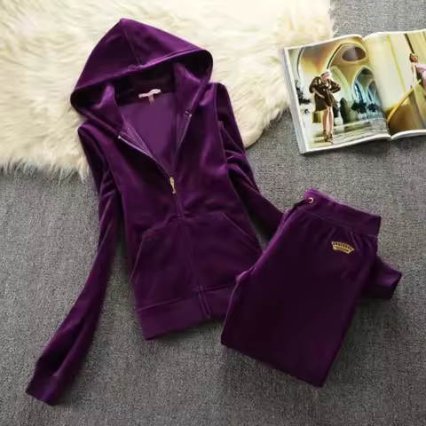 2024 Y2K Velvet Sportswear Two Piece Set Women's Sportswear Hoodie with Pocket and Glitter Velvet Tr