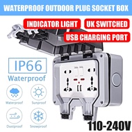 IP66 13A Weatherproof Outdoor BOX Wall Socket Double Universal / UK Switched Outlet With USB Chargin