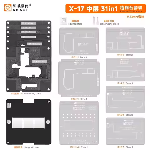 AMAOE IP X‑17 31IN1 Middle Layer Reballing Stencil Kit Magnetic Fixture for iP X‑17 Pro Max Motherbo