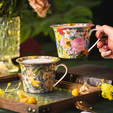 European Ceramic Coffee Cup with Lid Colorful Flower Mug Home Breakfast Mug Fine Bone China Afternoo