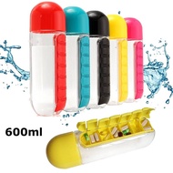 600ml Multifunctional Water Bottle w/7 Daily Medicine Pill Box Portable Water Bottle Medicine Case
