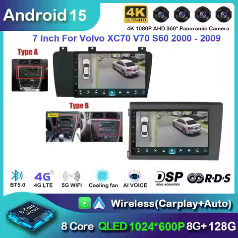 7" Android 15 For Carplay Auto Volvo S60 2000 - 2004 For Volvo XC70 V70 2005 - 2009 Car Multimedia S