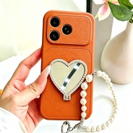 Cute Heart Makeup Mirror Pearl Bead Wrist Lanyard Phone Case For OPPO A6C A6X A6T A6S A6 A5X A5 A3X 