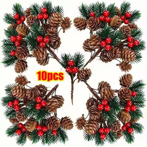 10/30pcs Red Berry Stem Pine Tree Branches Artificial Pine Cone Berry Picking Flowers DIY Wreath Chr