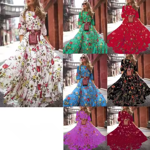 Bohemian Print Maxi Dress Women's Fashion Holiday Style Skirt Swing Dress Evening Gown Cross-Border 