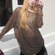 [SR-STUDIO]2025  New Special-interest design Leopard Print Strapless Long Sleeve T Shirt Top Loose S