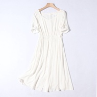 E76-4 Women’s White A-Line Drape Long Skirt - V-Neck High Waist Style