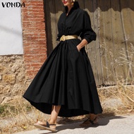 VONDA ชุดเดรสแขนยาวทำงานออฟฟิศสำหรับผู้หญิงในฤดูใบไม้ร่วงชุดเดรสลำลองคอปกทรงหลวมเสื้อคลุมยาวเอไลน์ #