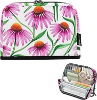 Storage Pencil Bags Pink Echinacea Flowers Green Leaves White Zipper Pencil Case Large Pencils Pouch