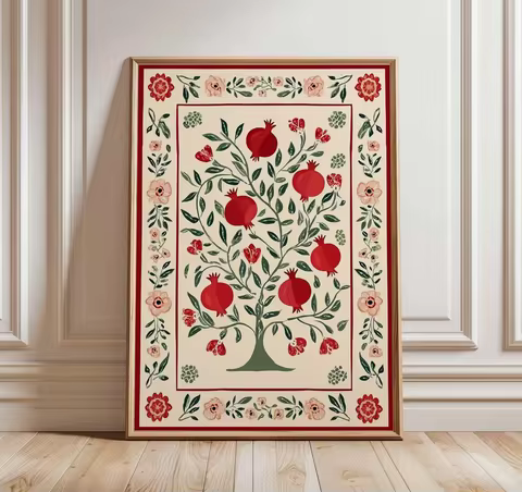Pomegranate Tree Wall Art Poster, Botanical Fruit Print, Folk Art Illustration, Rustic Kitchen Decor