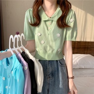 Cartoon ice silk knitted sweater short versatile and fashionable age-re提花朵冰丝针织衫短款百搭洋气减龄泡泡袖翻领短袖上衣女9.4