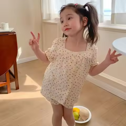 Little Cherry Pattern Summer Girls' Short-sleeved Top Short Pants Set Baby Thin Pajamas Two Piece Se