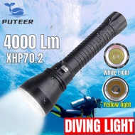 Puteer Super Bright Diving Torchlight Waterproof Yellow Light Flashlight Xhp70.2 White Light Underwa