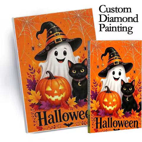 Custom Personalized Photo Halloween Ghost Cat Pumpkin Diamond Painting Kit (Adult), 5D Diamond Paint