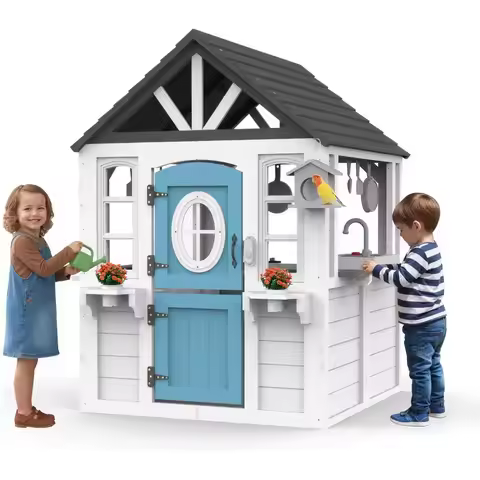 Kids Playhouse Outdoor,Cedar Wooden Play House for Kids Ages 3-8,with Dutch Door, Play Kitchen, Inte