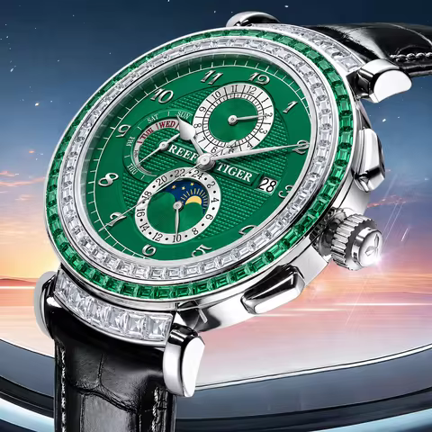 Reef Tiger Luxury Men's Automatic Mechanical Watch Green Dial Moon Phase Date Genuine Leather Strap 