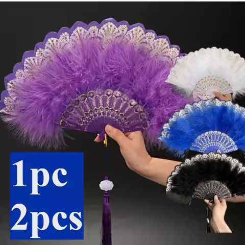 2pcs/1pc Handmade Vintage Feather Fan with Gold Trim - Foldable Plastic Frame Dance Performance Fash