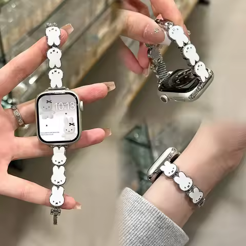 Miffy Rabbit Leather Watch Band For Apple Watch S11/10/9/Se/Ultra Series Cute Women Strap