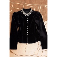 French Fashionfrench styleLong Sleeve Gold Velvet Top Women 2024 High-End Heavy Industry Beaded Shir
