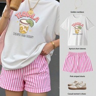 TEQUILA Printed Women's Oversize Short-Sleeved Top With Striped Shorts Set, Tops, Summer Clothing, S