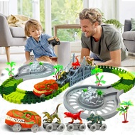 Dinosaur Turntable Track Toys World Road Race Car Set Flexible Track Train with light&amp;music for 3+Year Up Old boy Girls Gift