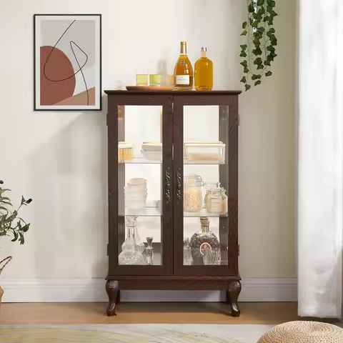 Lighted Curio Cabinet Display Case, Glass Curio Cabinet with Adjustable Shelves and Tempered Glass D