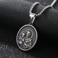 St. Joseph with Baby Jesus Oval Pendant Necklace, Stainless Steel Vintage Religious Charm, Unisex Gu