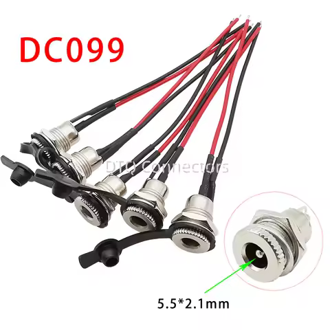 2/5 Pcs 5.5*2.1mm DC099 DC Power Jack Cord Socket Threaded Female Mount Connector with 20AWG Wires+W