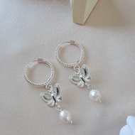 925 純銀 鍍18K金 蝴蝶耳環 ~ 垂墜珍珠耳環 ~ 耳扣耳環