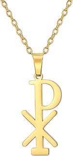 Chi Rho Cross Christogram Necklace for Women Men Stainless Steel Jesus Christ Name Alpha Omega Symbo