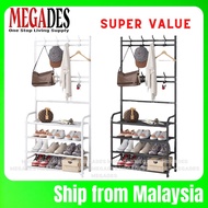 【high-end】 4 Tiers Multifunctional Coat Rack Clothes Bag Hanger Shoe Shelf / Rak Pakaian Kasut Beg