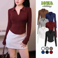 LONG-Sleeve T-Shirt with Zipper Collar Tear Drop Flap Ribbed Long Sleeve DD141, IOWA Bodycon Polo Co