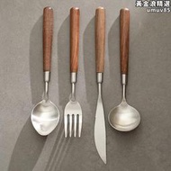 304不鏽鋼胡桃木木柄勺子木把湯勺飯勺家用叉子飯匙餐具湯匙