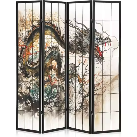 ##For 4-Panel Screen Room Divider, 5.9 ft Wood Dragon Pattern Room Dividers and Folding Privacy Scre