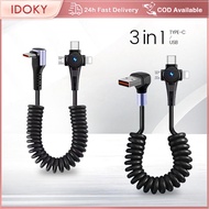 IDOKY 20CM To 1M Telescopic Spring Data Charging Cable 66W 6A 3 in 1 Type C USB Phone Charger Wires