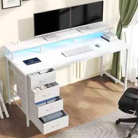 40-Inch Computer Desk with Power Outlets and LED Lights Gaming Desk with 4 Drawers and Monitor Stand