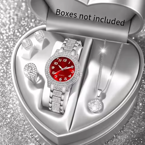 5Pcs/Set Unisex Jewelry Watches Women's Wristwatch Accessories Silver Red Fashionable Business Elega