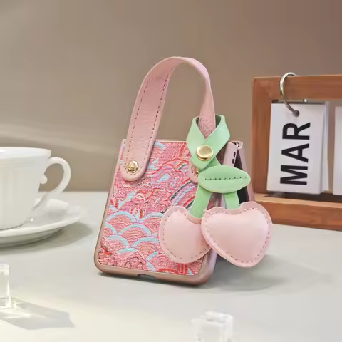 Cute Pink Embroidered Clouds Phone Case with Wrist Strap Cherry Pendant for Samsung Galaxy Z Flip 7 