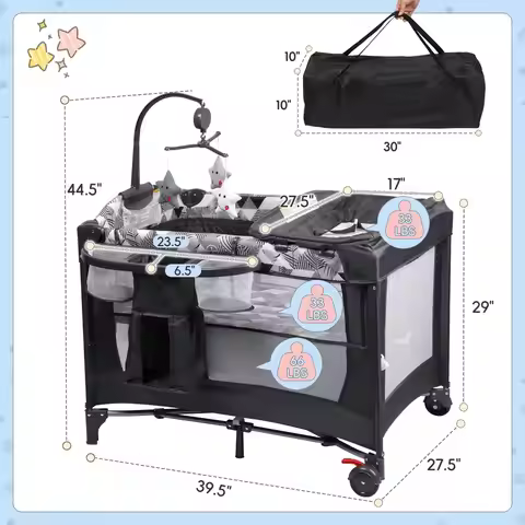 5in1 Pack and Play with Changing Table, Baby Bassinet Bedside Sleeper with Storage Bag amp Music Box