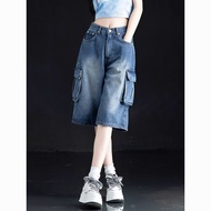 Quick Shipping Five-point Denim Shorts Women 2025 Over-the-Knee Six-point Pants High-waist 5-point P