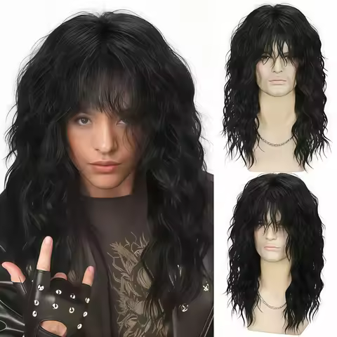 70s/80s Vintage Curly Synthetic Wig with Bangs Black Long Style Suitable for Men Hippie Style, 80s P