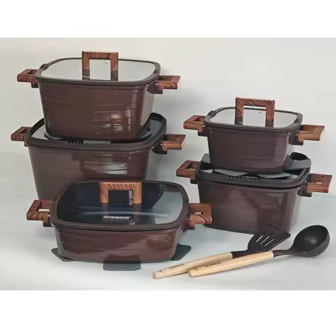 Donnor Crest 15-Piece Classic Square Cookware Set for Blue Diamond Non-Stick Soup Pot Bakelite Gold-