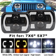 2PCS 400W C Shape Off-road Square Headlamp 7x6" 5x7" LED Headlight DRL Turn Signal High Low Beam Bul