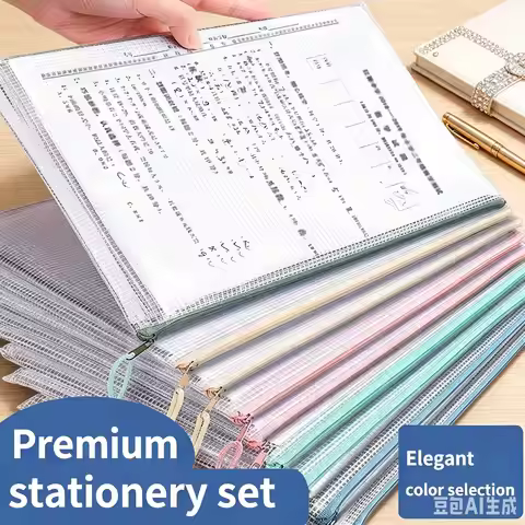 Macaron Colored A4 Zipper File Bags 1/4/8/16 Pack Transparent Waterproof Storage for Papers Books Ex